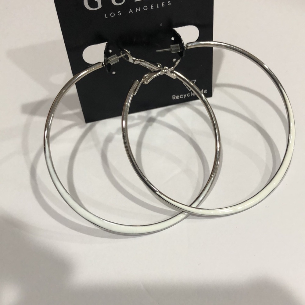 Guess silver tone white dipped‎ colorblock circle hoop earrings new
